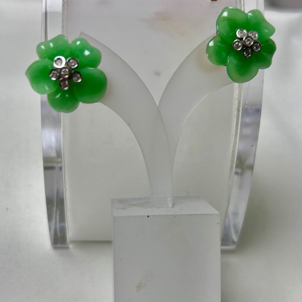 Floral art deco Jade and Diamond18k white gold omega clip back earrings.